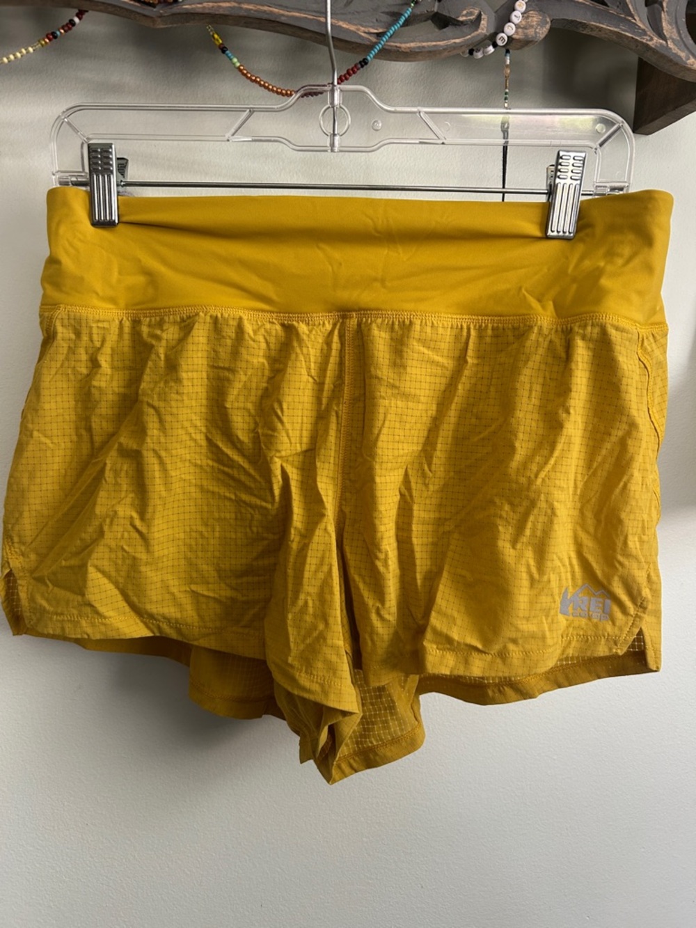 REI Women's Yellow Athletic Running Shorts with Reflective Logo